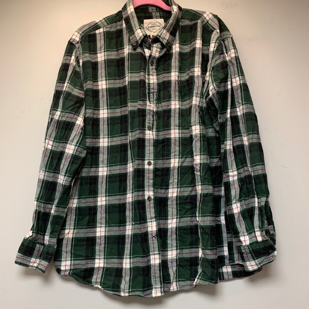 St Johns Bay Flannel Shirt Mens XL Green Black Plaid Cotton Excellent 15134